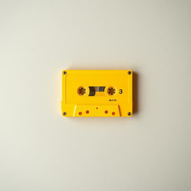 Vintage yellow cassette tape on warm gray backdrop