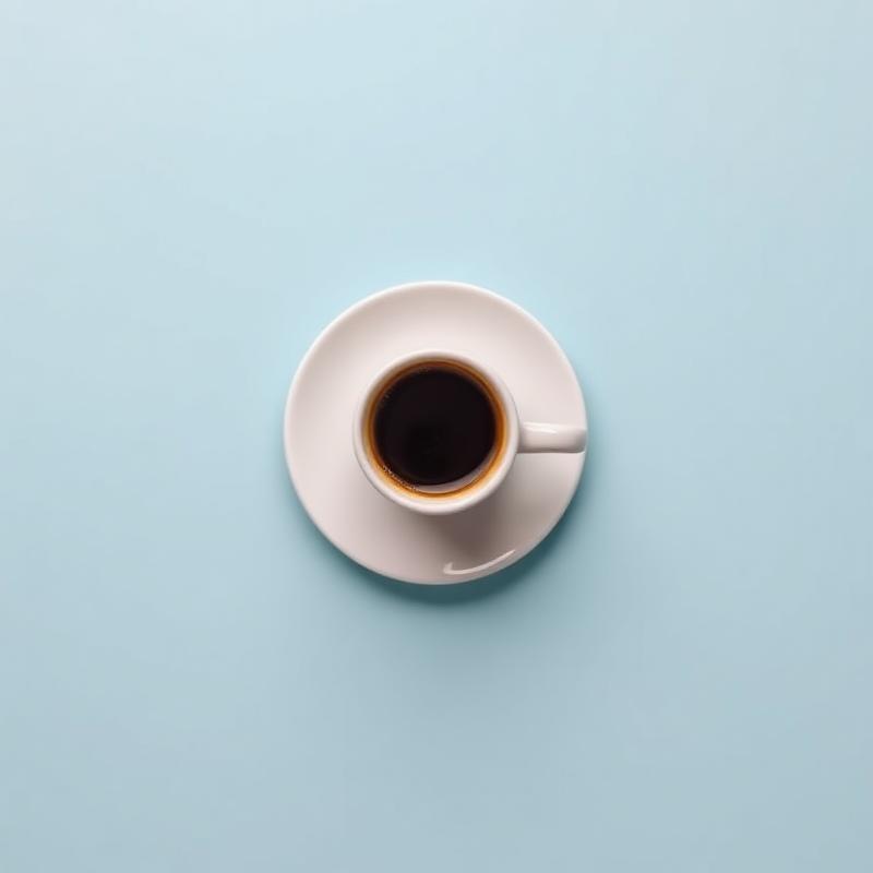 Top-down espresso in a white cup and saucer on sky blue backdrop