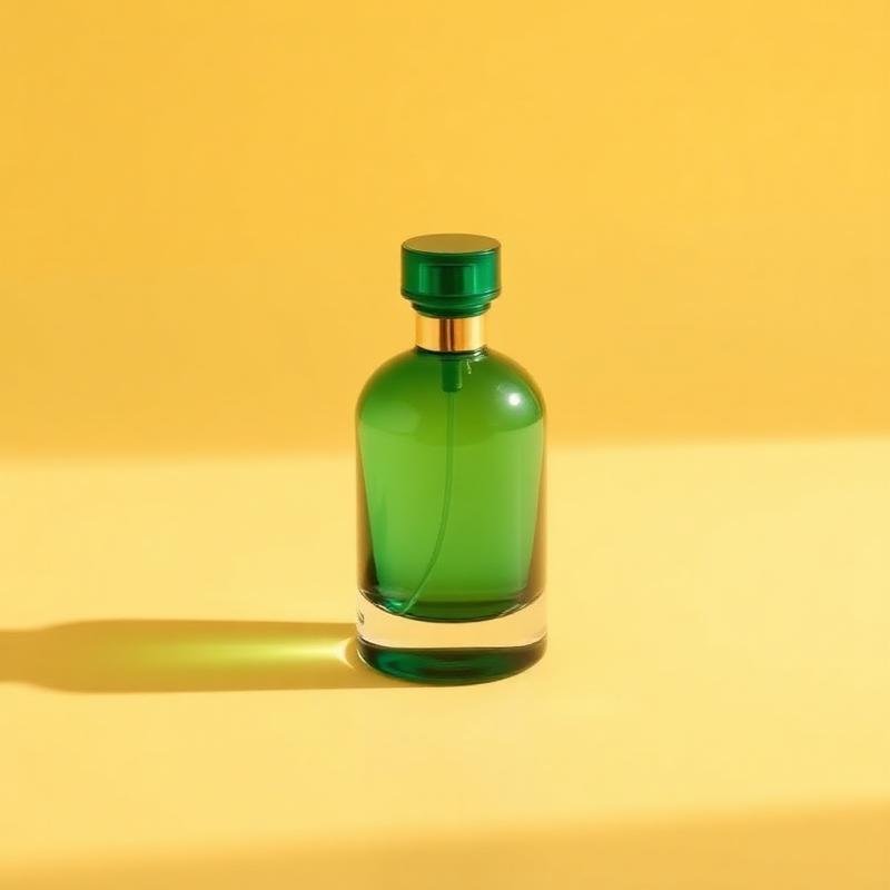 Green glass perfume bottle on butter yellow backdrop