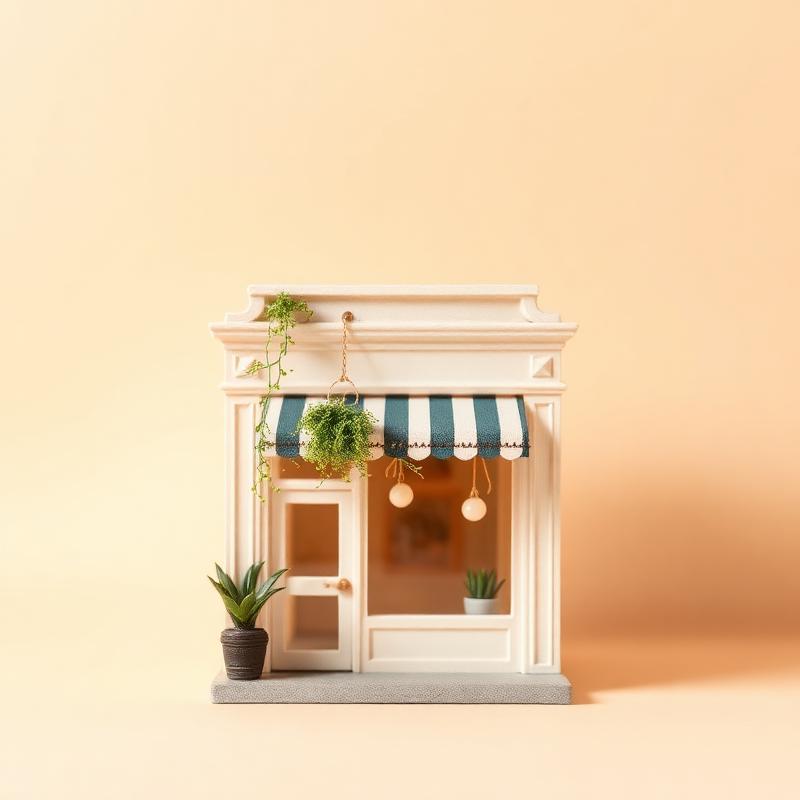Miniature boutique storefront model on peach backdrop